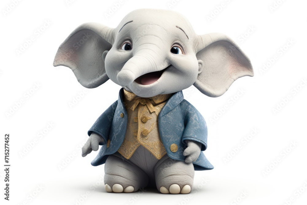  a toy elephant wearing a blue jacket and a yellow shirt is standing in front of a white background with a smile on it's face.
