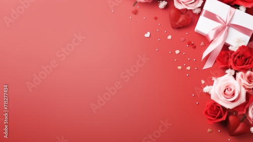 Valentine's Day banner with blank space fortext, pastel red background photo