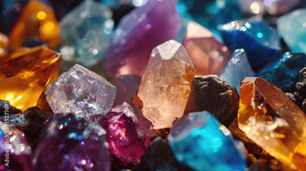 Close-up view of various jewels, mineral gems, and crystals for backgrounds, Ai Generated Close-up view of various jewels, mineral gems, and crystals for backgrounds, Ai Generated