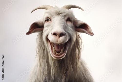 a close up of a goat's face with it's mouth open and it's tongue out.