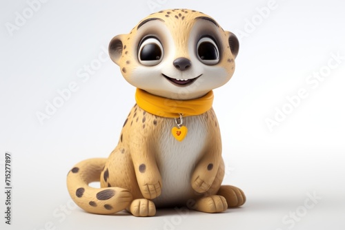  a toy cheetah with a yellow scarf around it's neck sitting on a white surface with a white background.