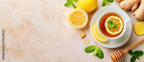 A cups of tea with lemon, ginger, and honey, Ai Generated photo