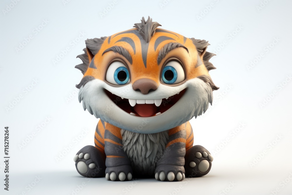 a cartoon tiger with big blue eyes and a big smile on his face, sitting in front of a white background. a cartoon tiger with big blue eyes and a big smile on his face, sitting in front of a white background.