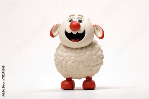  a white sheep with a red nose and a red nose on it's head is standing in front of a white background.
