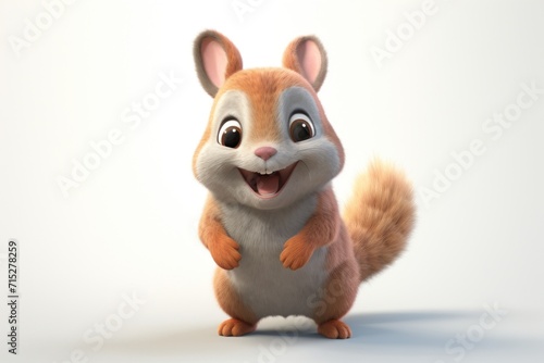  a cartoon squirrel with a big smile on it s face  standing in front of a white background and looking at the camera.