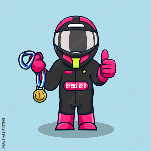 Cute cartoon racer boy wearing helmet and suit vector illustration
