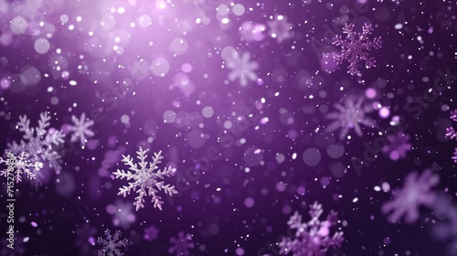 Purple background animation with snowflakes drifting amidst glowing light spots, AI Generated.