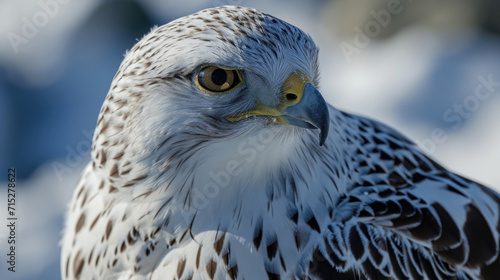 Closeup of a determined gyrfalcon scanning the snowy landscape its golden eyes fixed on a potential meal hidden beneath the surface photo