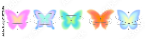 Y2k blurred butterfly. Gradient sticker element. Aesthetic groovy soft figure with glow. Aura trendy effect with orbits and sparkles on white background