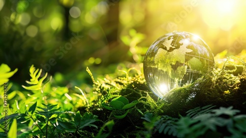 A glass globe adorned with "save water" icons nestled in a green forest illuminated by sunlight, Ai Generated.