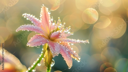 Capturing the beauty of a dew-kissed flower in mesmerizing macro photography against an abstract bokeh background, Ai Generated.