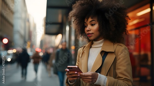 A young mixed race woman checks her mobile on the street in the city