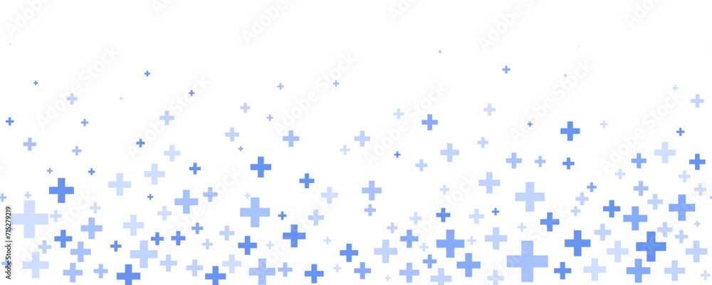 Medical cross and plus background. Abstract seamless blue wallpaper for hospital and pharmacy. Geometrical shapes ornament on border. Vector backdrop