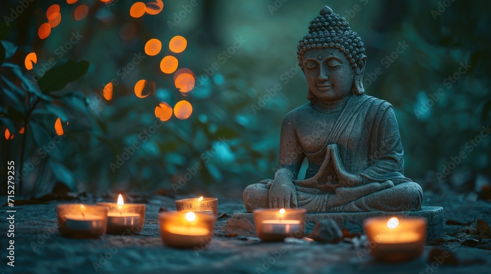 Serene Buddha statue with candles in a peaceful natural setting, Ai Generated.