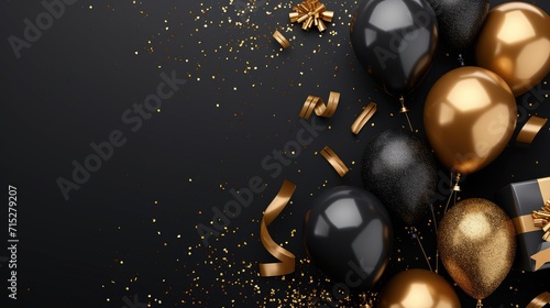 Glamorous Black and Gold Balloons Holiday Celebration Background, Ai Generated