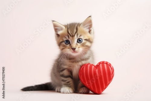 Small red striped kitten cuddles a red heart, a picture of cuteness, Ai Generated © Crazy Juke