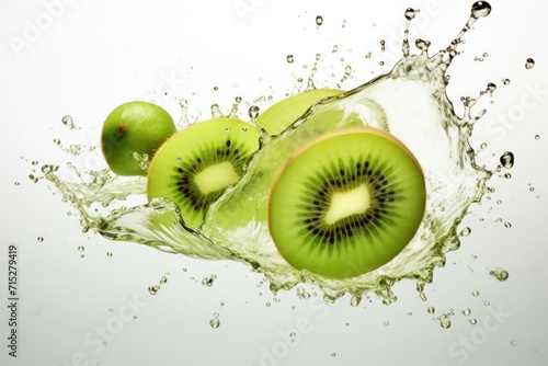  a group of kiwis floating in water with a splash of water on the side of the image and on top of the image is a white background.