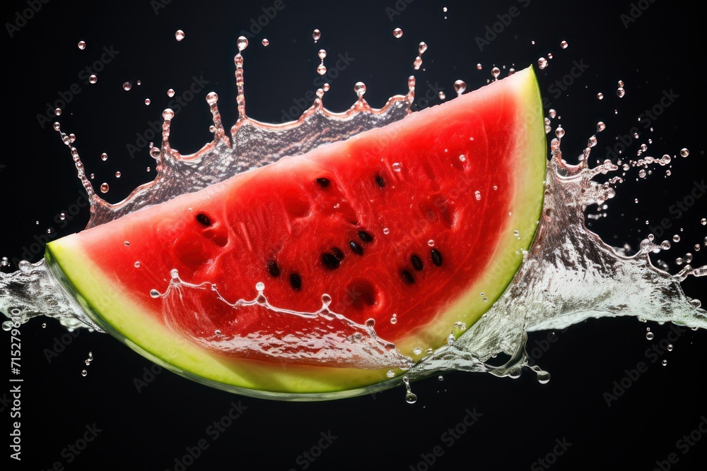 a slice of watermelon falling into the water with a splash of water on the top of the slice. a slice of watermelon falling into the water with a splash of water on the top of the slice.