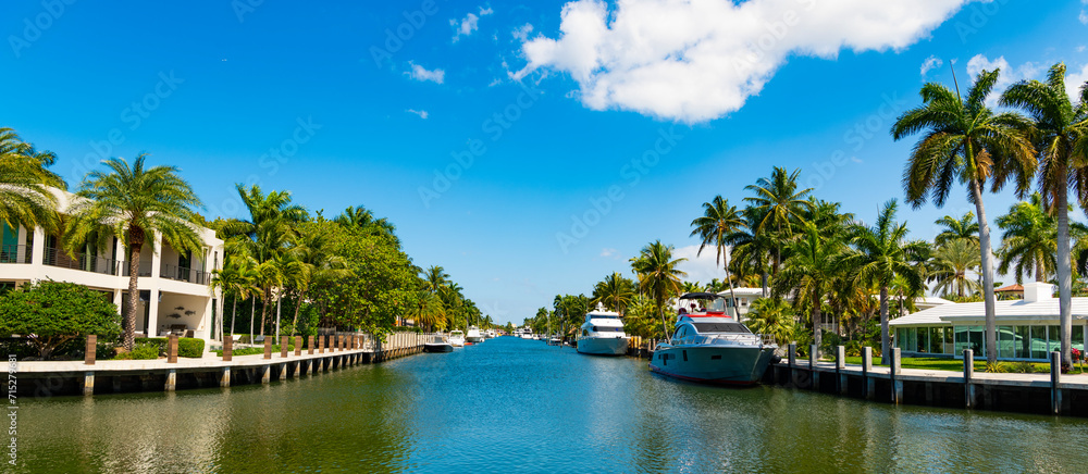 Destination point. Harbor with yacht at seaside summer destination. Seaside summer destination with boat and palm in harbor. Seaside harbor perfect destination for summer. Panoramic view - obrazy, fototapety, plakaty 