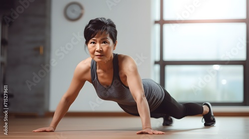 Senior asian woman doing plank press up exercises at the gym