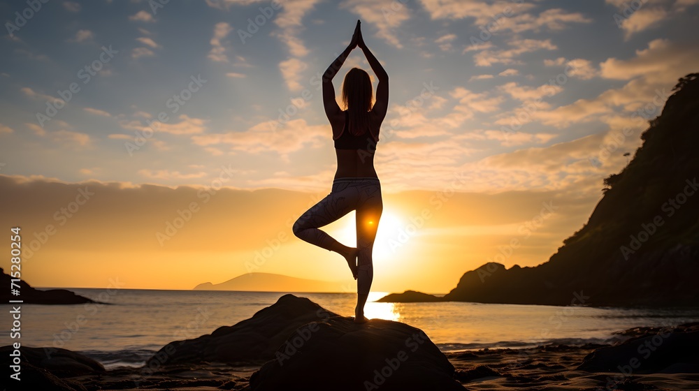 A young woman performing yoga exercises beside the sea