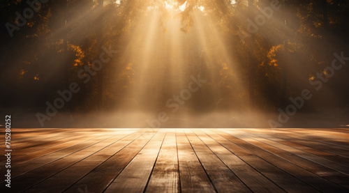 Wood plank platform, golden forest, blurred background, sun rays shining on focal point, copy space