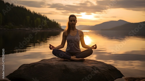 Woman performing yoga beside a lake