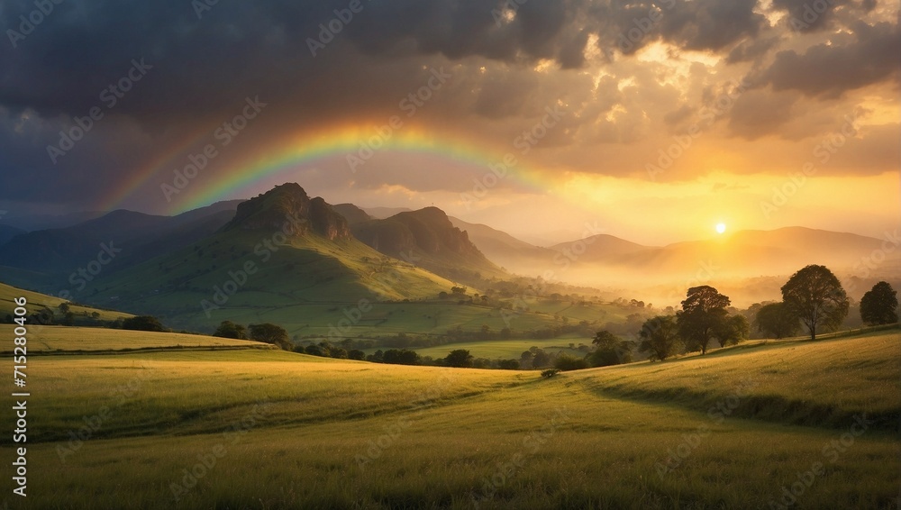 The sun sets behind the majestic hills, casting a golden light over the peaceful countryside