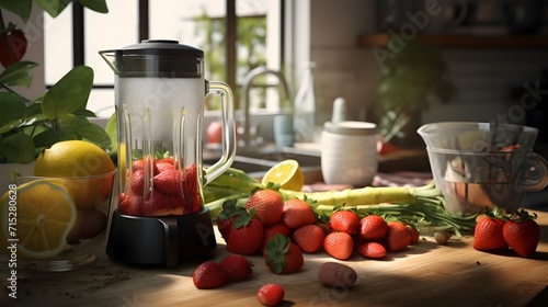 Making a morning smoothie with raspberries, strawberries and yoghurt