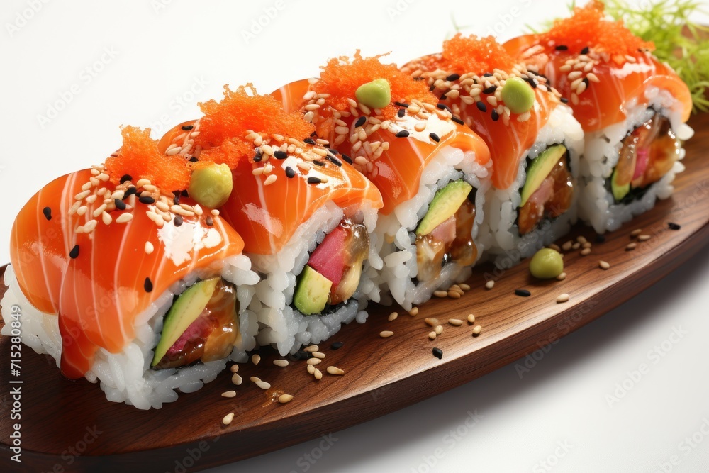 a piece of sushi with cucumber, avocado, and sesame seeds on a wooden platter. a piece of sushi with cucumber, avocado, and sesame seeds on a wooden platter.