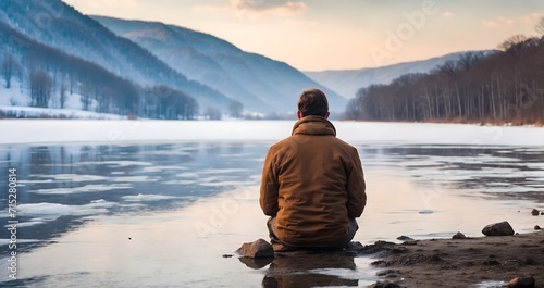 Fototapeta Naklejka Na Ścianę i Meble -  rear view, a sad man is sitting on the shore of a frozen lake
