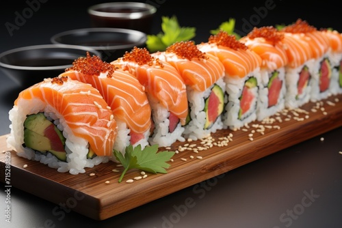  a close up of a sushi roll on a wooden board with sauce and garnishes on it.