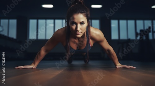 Attractive young woman doing plank press up exercises at the gym