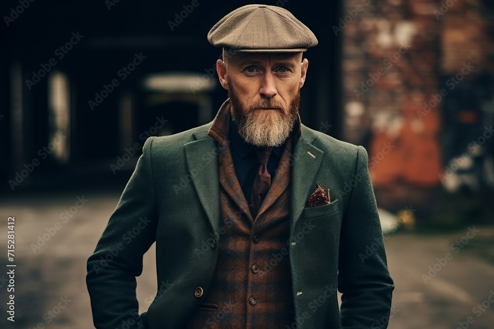 Portrait of a stylish bearded man in a cap and coat.