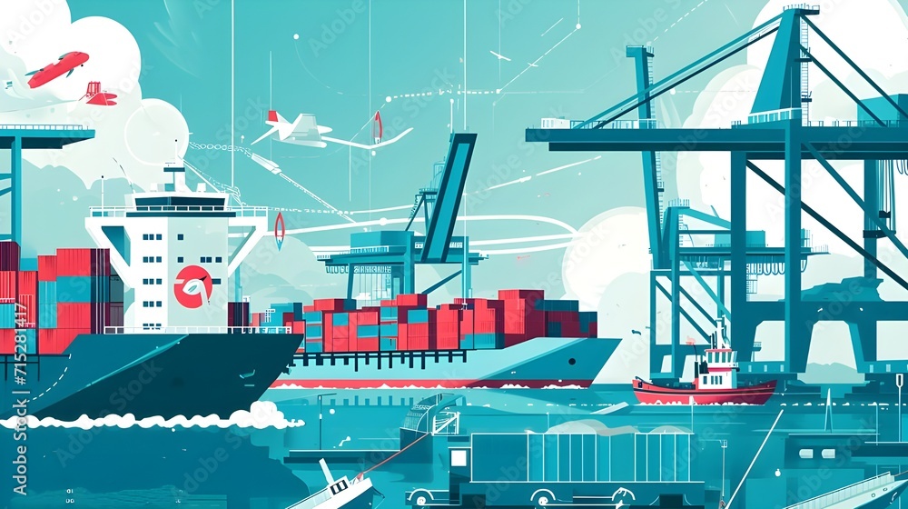 shipping container illustration. custom port, port sea.
