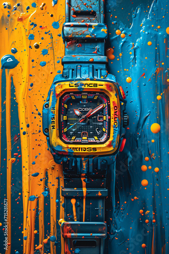 abstract watch with colorful paint splashing around vintage poster design multilayered realism art of the illustrations