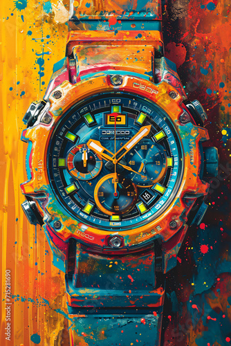 abstract watch with colorful paint splashing around vintage poster design multilayered realism art of the illustrations photo