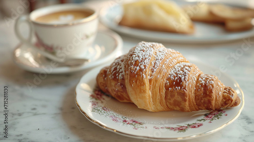 Explore the romance of a sidewalk café with a picturesque scene featuring a vintage saucer, a flaky croissant adorned with powdered sugar, and a classic espresso cup – a tableau ca