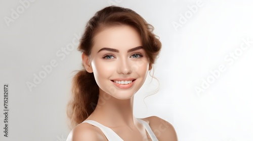 Closeup of attractive young white woman with bare shoulders  smooth skin and an  elegant updo hairstyle and bare shoulders. Isolated on a white background. 