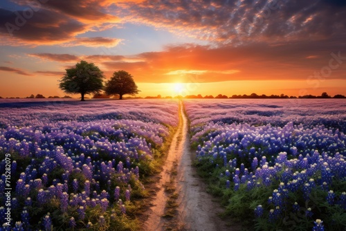  a sunset over a field of flowers with a dirt road in the foreground and a lone tree in the distance.