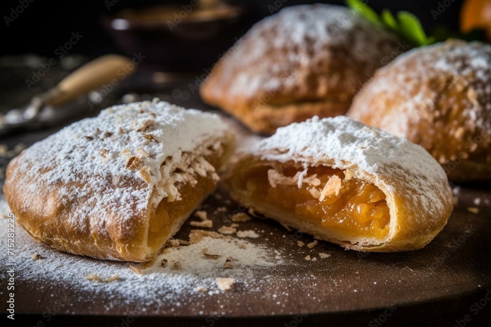Mouthwatering filled pastry dusted with sugar and made from flour. Generative AI