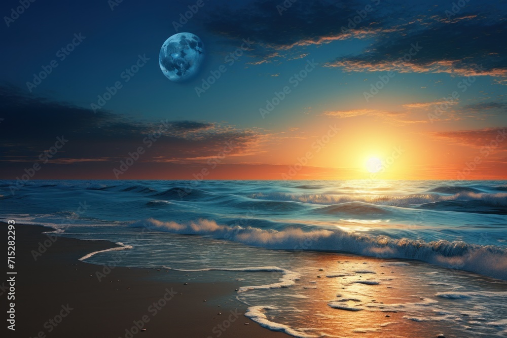 a painting of a sunset over the ocean with a full moon in the sky above the ocean and waves on the beach. a painting of a sunset over the ocean with a full moon in the sky above the ocean and waves on the beach.