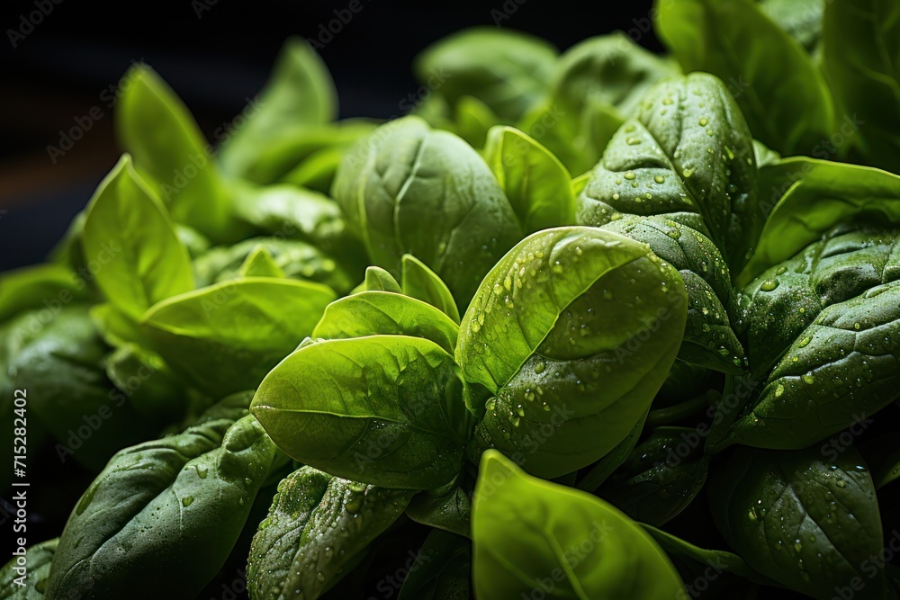 a pile of fresh basil leaves with water droplets on the tops of the ...