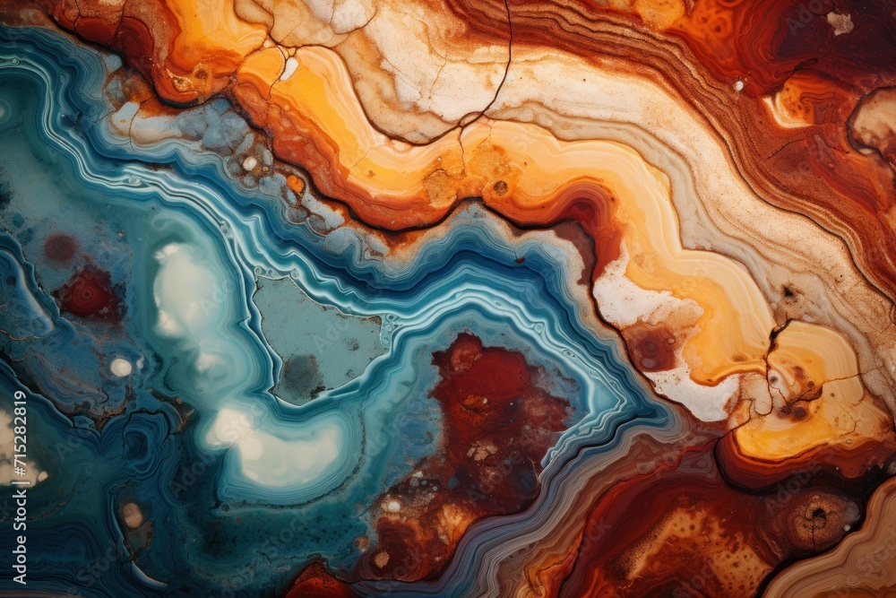  a close up of a marble surface with a blue, orange, yellow and white swirl on top of it.