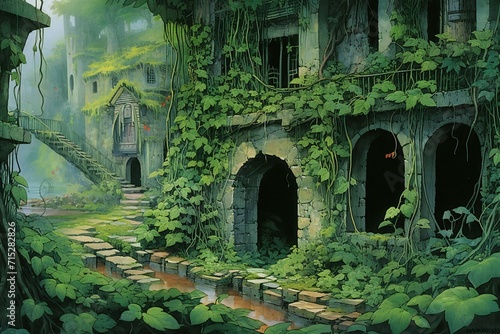 Fantasy landscape with old building and ivy,