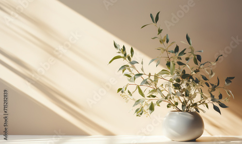 Minimalistic light background with a ceramic vase with the plant and blurred foliage shadow on a light wall. Generated AI.
