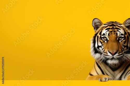  a close up of a tiger on a yellow background with a black and white stripe on it's face.