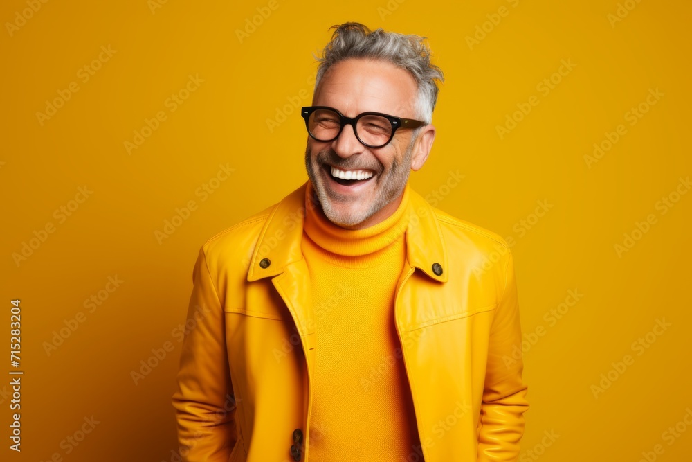 Portrait of a happy senior man in yellow jacket and glasses over yellow background. Portrait of a happy senior man in yellow jacket and glasses over yellow background.