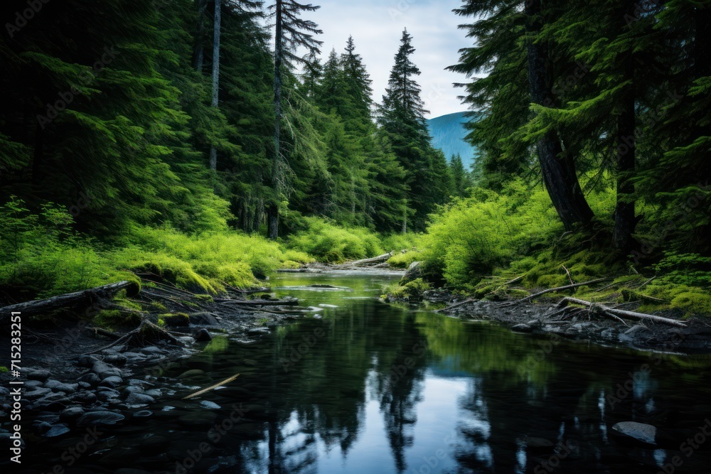  a river running through a lush green forest filled with lots of tall pine tree's and surrounded by lush green foliage.