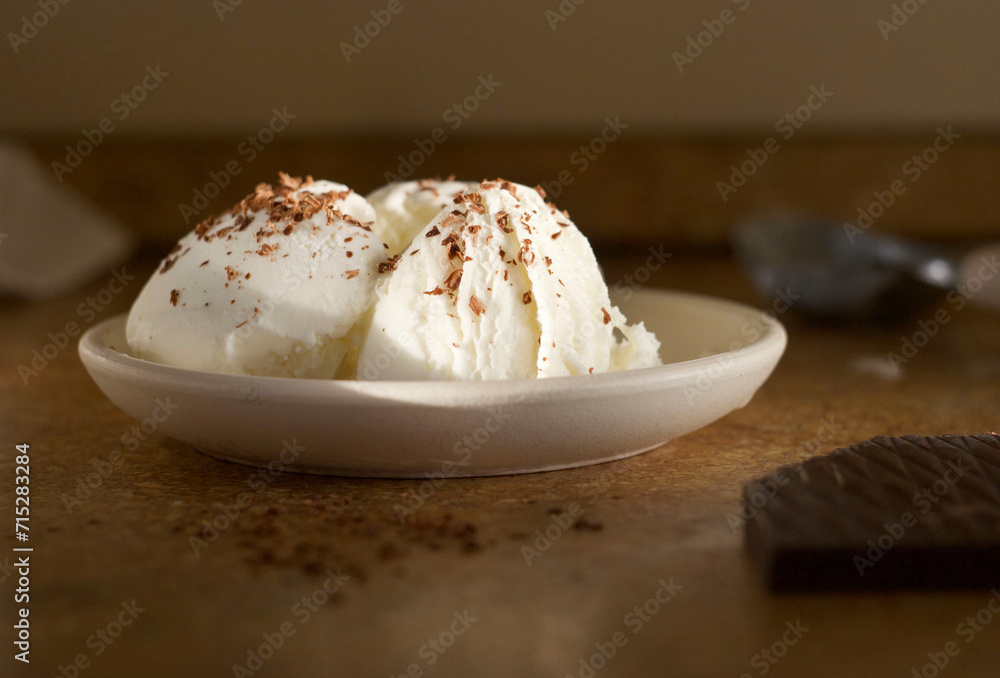 Creamy ice cream with chocolate chips in a bowl on the table Creamy ice cream with chocolate chips in a bowl on the table